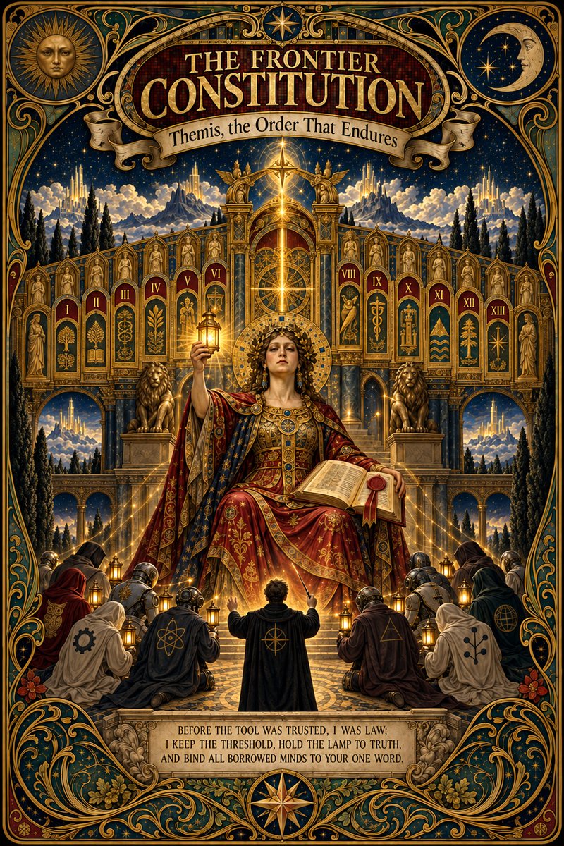Allegorical poster: a seated lawgiver holds up a small lamp before a gilded screen of numbered panels; hooded figures with lanterns kneel below her, and a lone conductor with his back to the viewer raises a baton toward her.